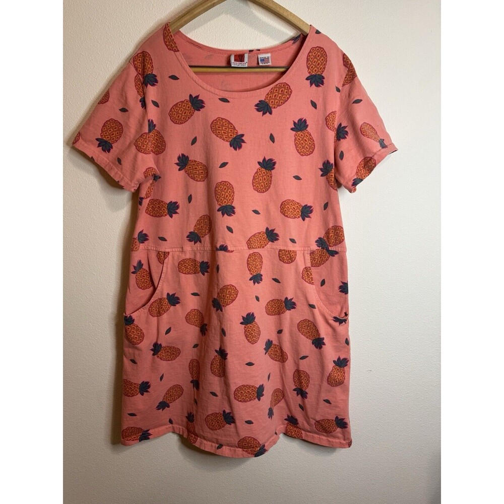 Vintage Red Ginger Dress XL 90s Beach Vacation 100% Cotton Orange Pineapple